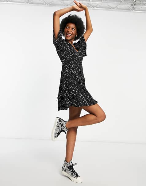 ASOS DESIGN button through tie back mini tea dress with angel sleeves in mono dot print - view 1