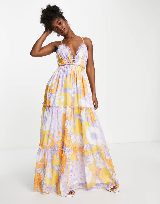 ASOS DESIGN button through tiered lace trim maxi dress in floral print