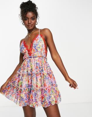 ASOS DESIGN button through tiered lace trim mini dress in floral