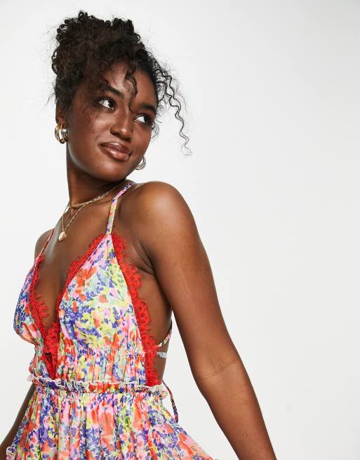 ASOS DESIGN button through tiered lace trim mini dress in floral