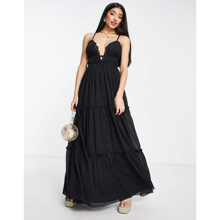 Miss selfridge tiered maxi dress with lace detail outlet in black