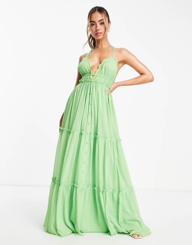 ASOS DESIGN button through tiered maxi dress with lace trim detail in green