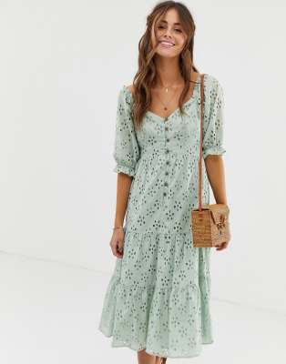 asos design button through tiered midi broderie dress