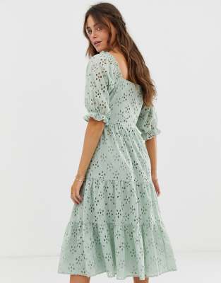 asos design button through tiered midi broderie dress