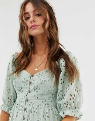 asos design button through tiered midi broderie dress