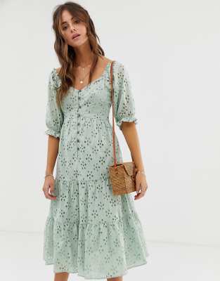 asos design button through tiered midi broderie dress