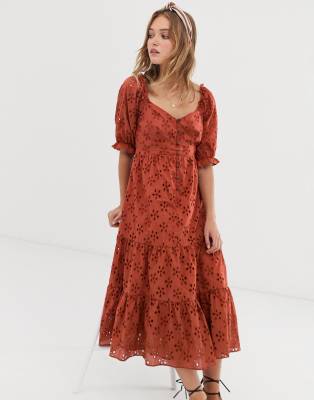 asos design button through tiered midi broderie dress