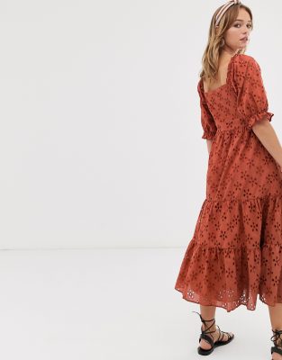 asos design button through tiered midi broderie dress