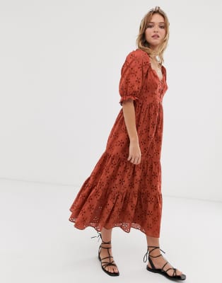 asos design button through tiered midi broderie dress