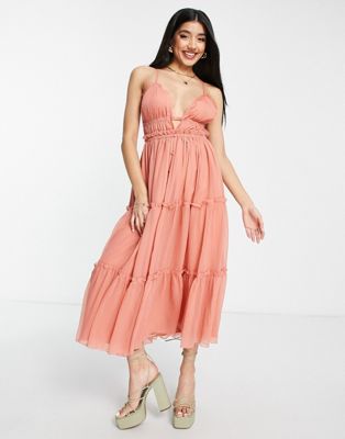 ASOS DESIGN button through tiered midi dress with lace trim detail in rose - ASOS Price Checker