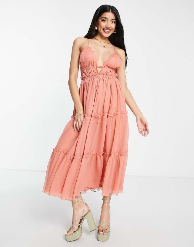 ASOS DESIGN button through tiered midi dress with lace trim detail in rose