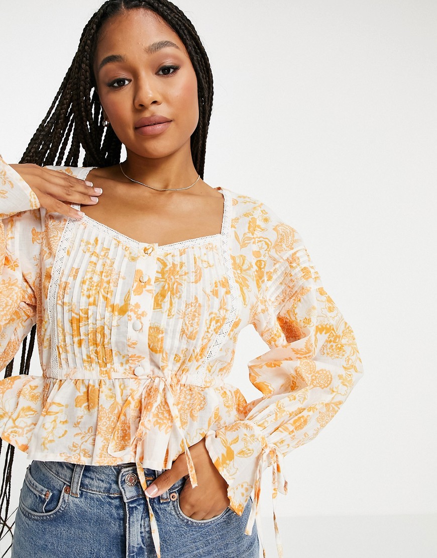 ASOS DESIGN button through top with pleated sleeve in paisley print-Multi