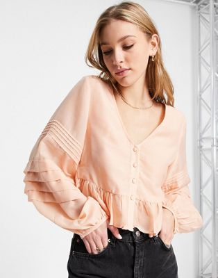 ASOS DESIGN button through top with pleated sleeve in peach