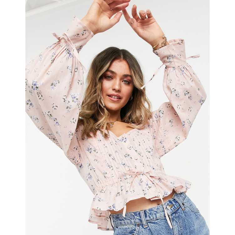 ASOS DESIGN button through top with pleated sleeve in pink floral print