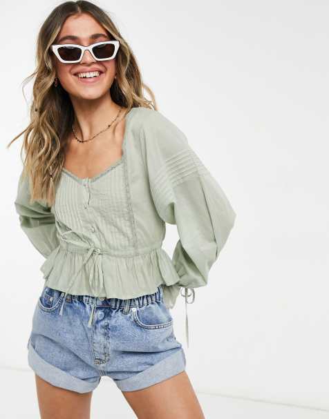 ASOS DESIGN button through top with pleated sleeve in sage - view 1