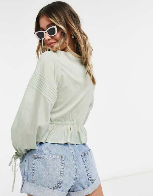 ASOS DESIGN button through top with pleated sleeve in sage, 2 of 4