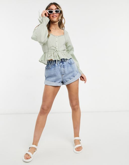 ASOS DESIGN button through top with pleated sleeve in sage, 4 of 4
