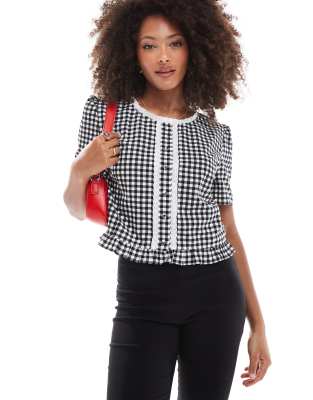 Asos Design Button Through Trim Detail Blouse In Black Gingham-multi