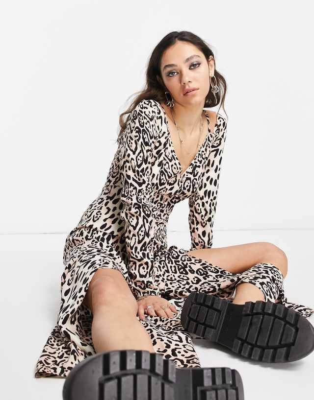 ASOS DESIGN button through v neck midi tea dress in animal print