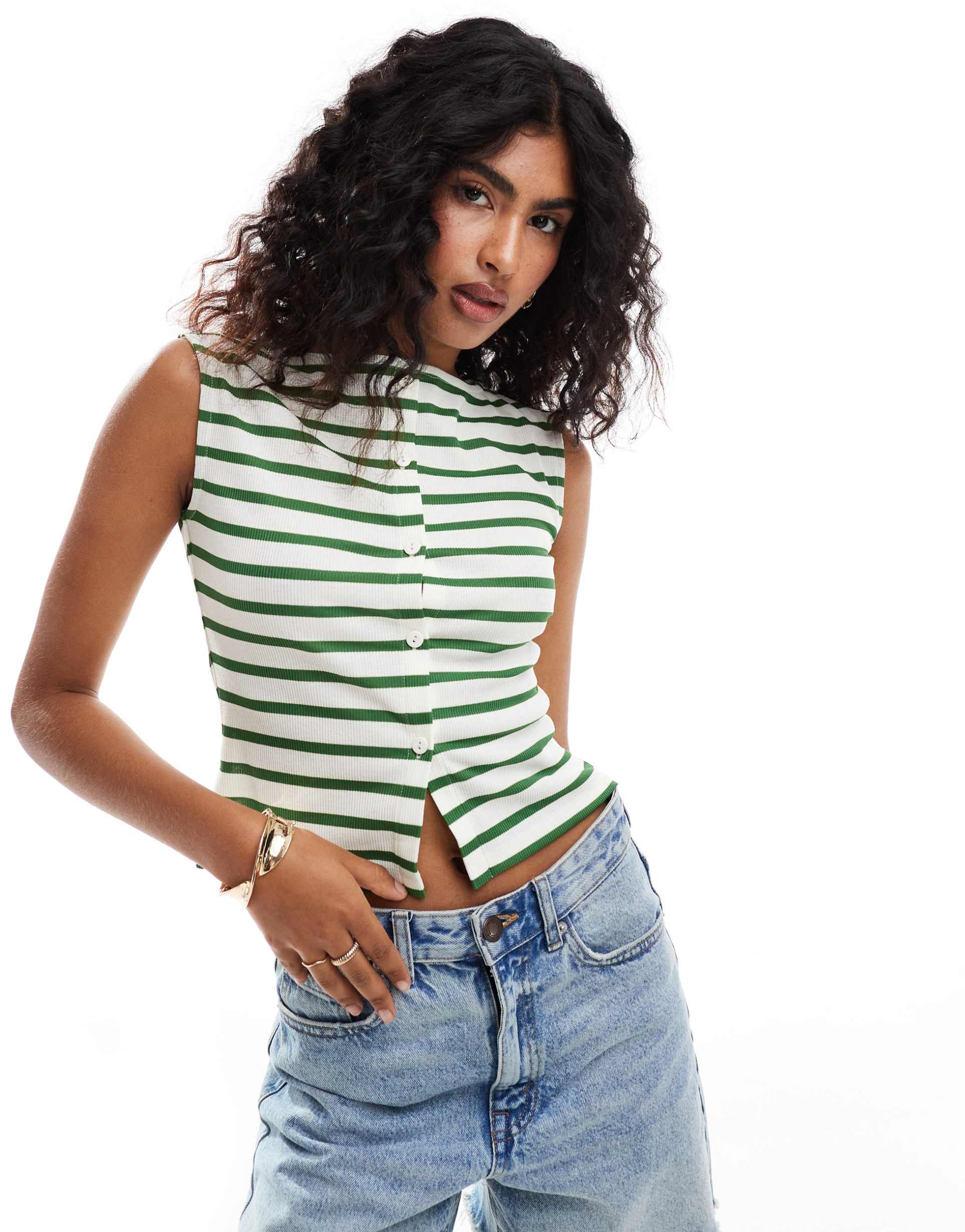 asos design button through vest top in green stripe