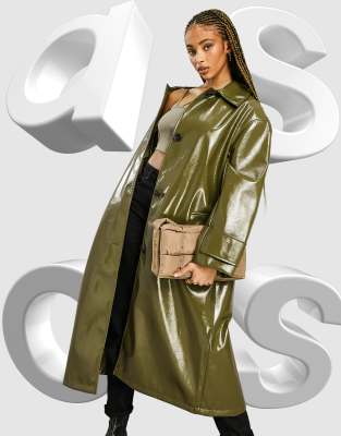 Green vinyl shop trench coat