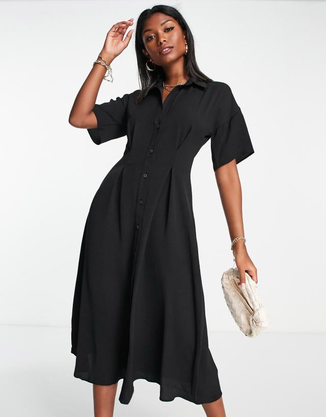 ASOS DESIGN - button through waist midi shirt dress in black