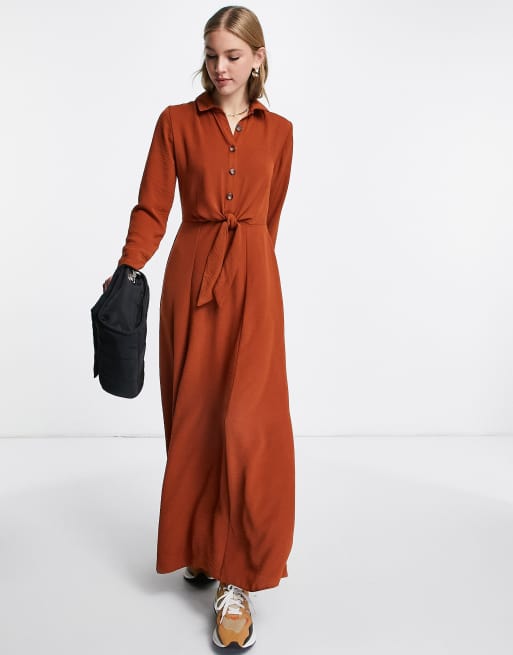 ASOS DESIGN button through wrap maxi shirt dress in rust