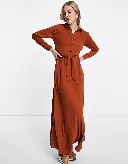 Dresses button through wrap maxi shirt dress in rust 