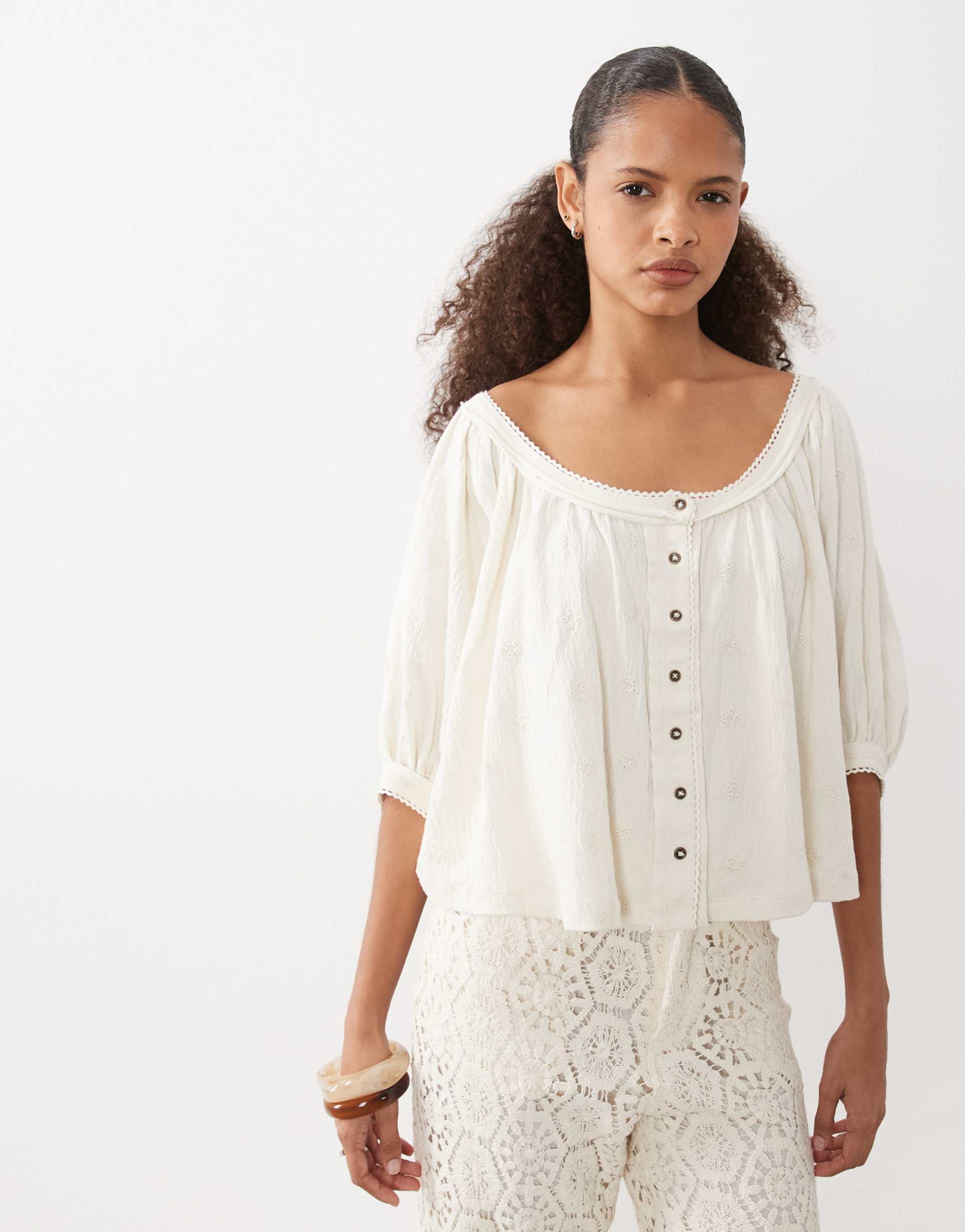 asos design button up blouson sleeve broderie top in cream