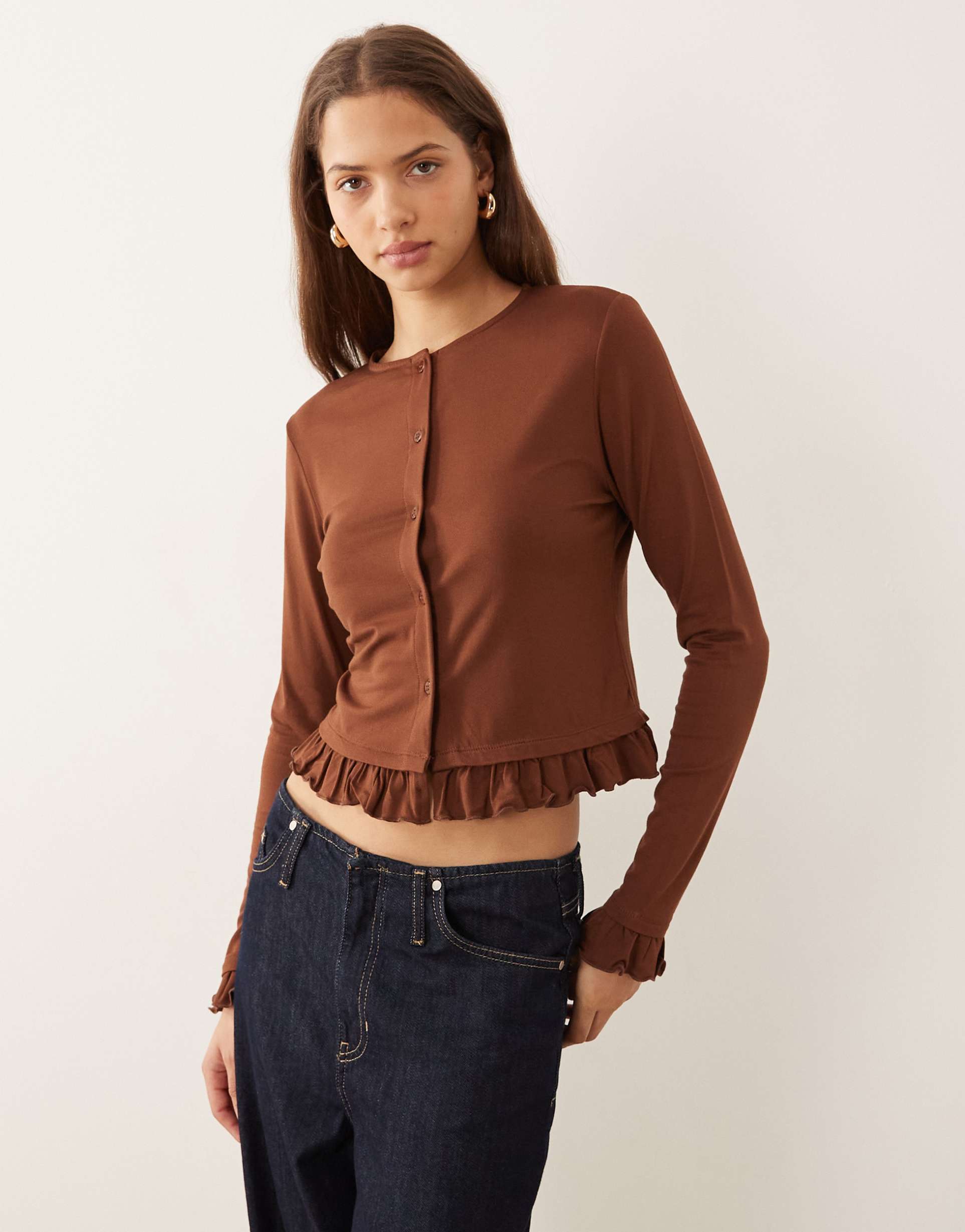asos design button up cardigan with frill detail in brown