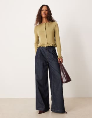 Asos Design Button Up Cardigan With Frill Detailing In Green