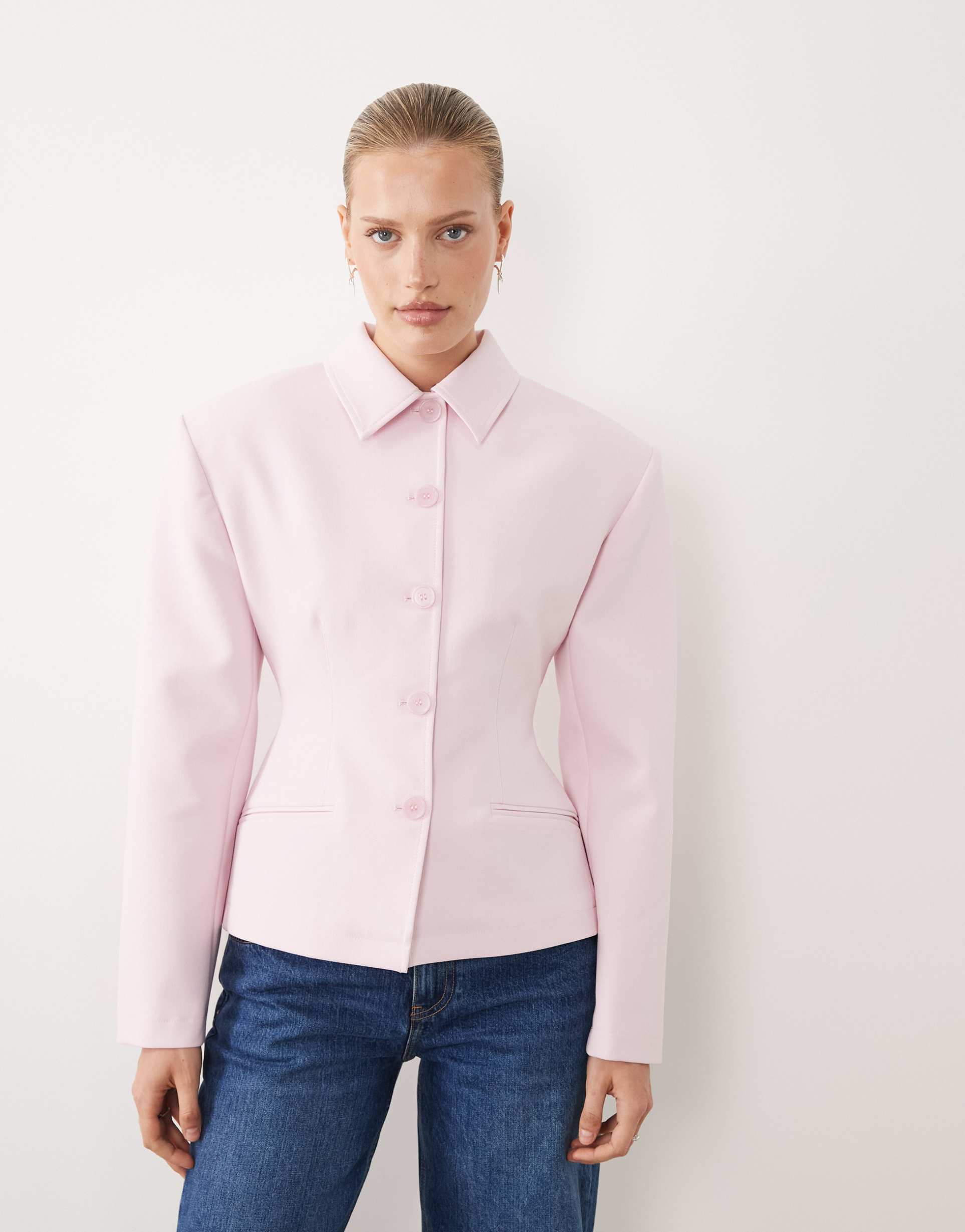 asos design button up cinched blazer in pink