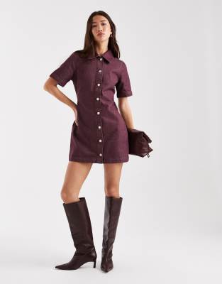 Asos Design Button Up Denim Mini Dress In Red