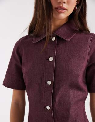 Asos Design Button Up Denim Mini Dress In Red