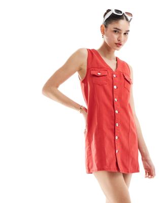 button up denim vest mini dress in red