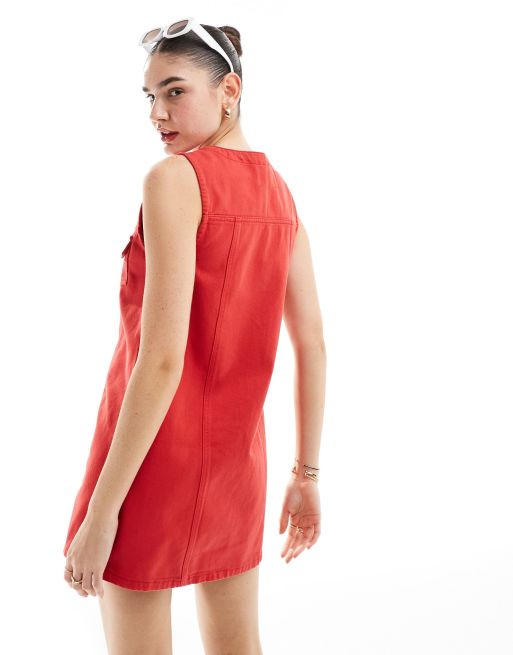 ASOS DESIGN button up denim vest mini dress in red, 2 of 4