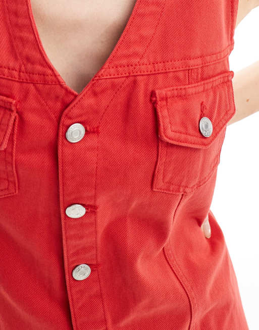 ASOS DESIGN button up denim vest mini dress in red, 3 of 4