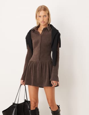ASOS DESIGN button up drop waist cord mini dress in chocolate-Green