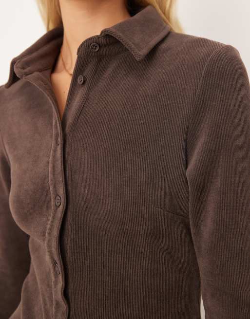 ASOS DESIGN button up drop waist cord mini dress in chocolate