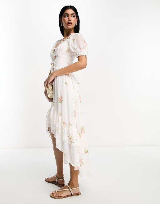 White floral print 2025 frill detail midi dress