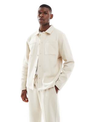 ASOS DESIGN button up jersey jacket in stone-Neutral