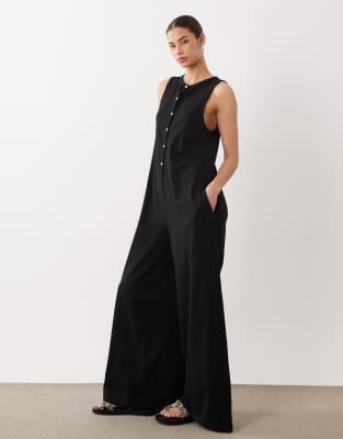 Asos Design Button Up Jumpsuit With Pockets In Black