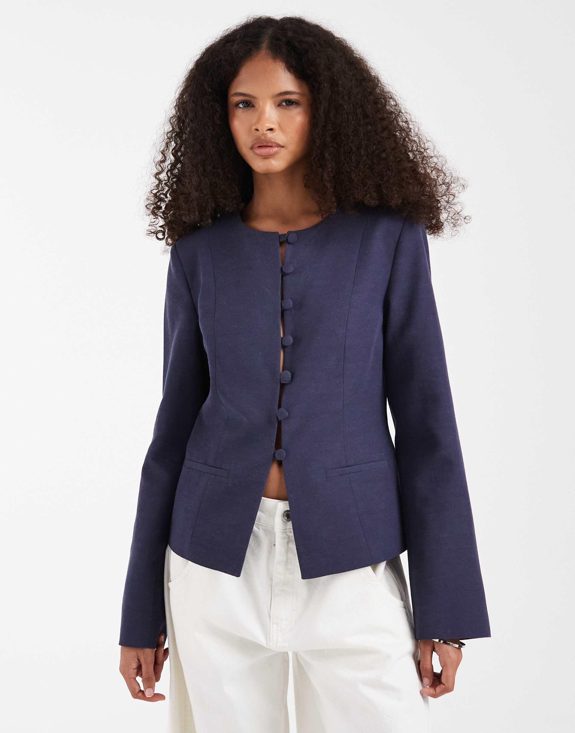 asos design button up linen fitted blazer in blue