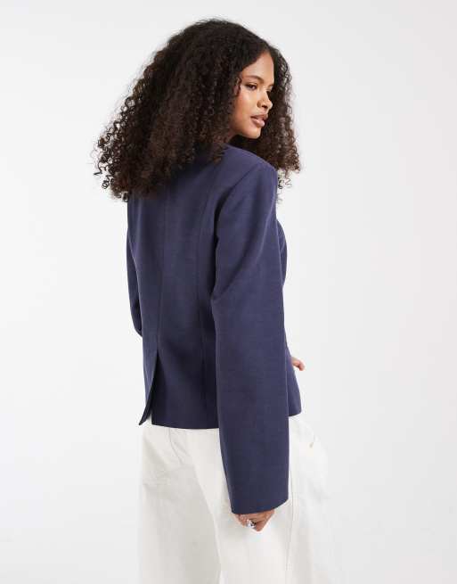 ASOS DESIGN button up linen fitted blazer in blue, 4 of 4