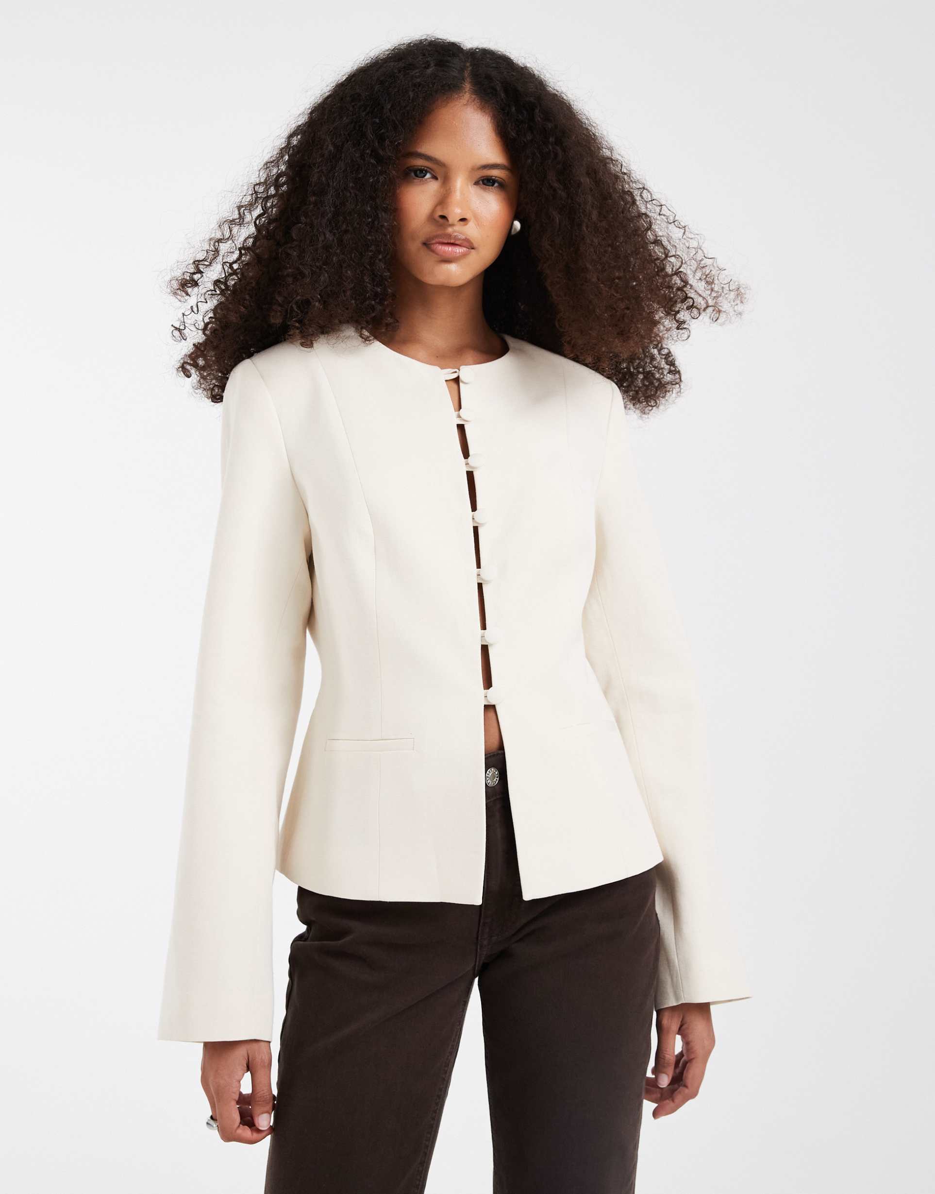 asos design button up linen fitted blazer in cream