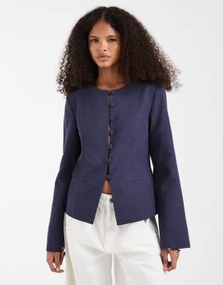 Asos Design Button Up Linen Fitted Blazer In-blue