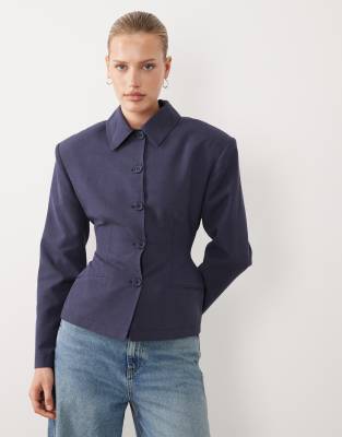 Asos Design Button Up Linen Look Cinched Blazer In Blue