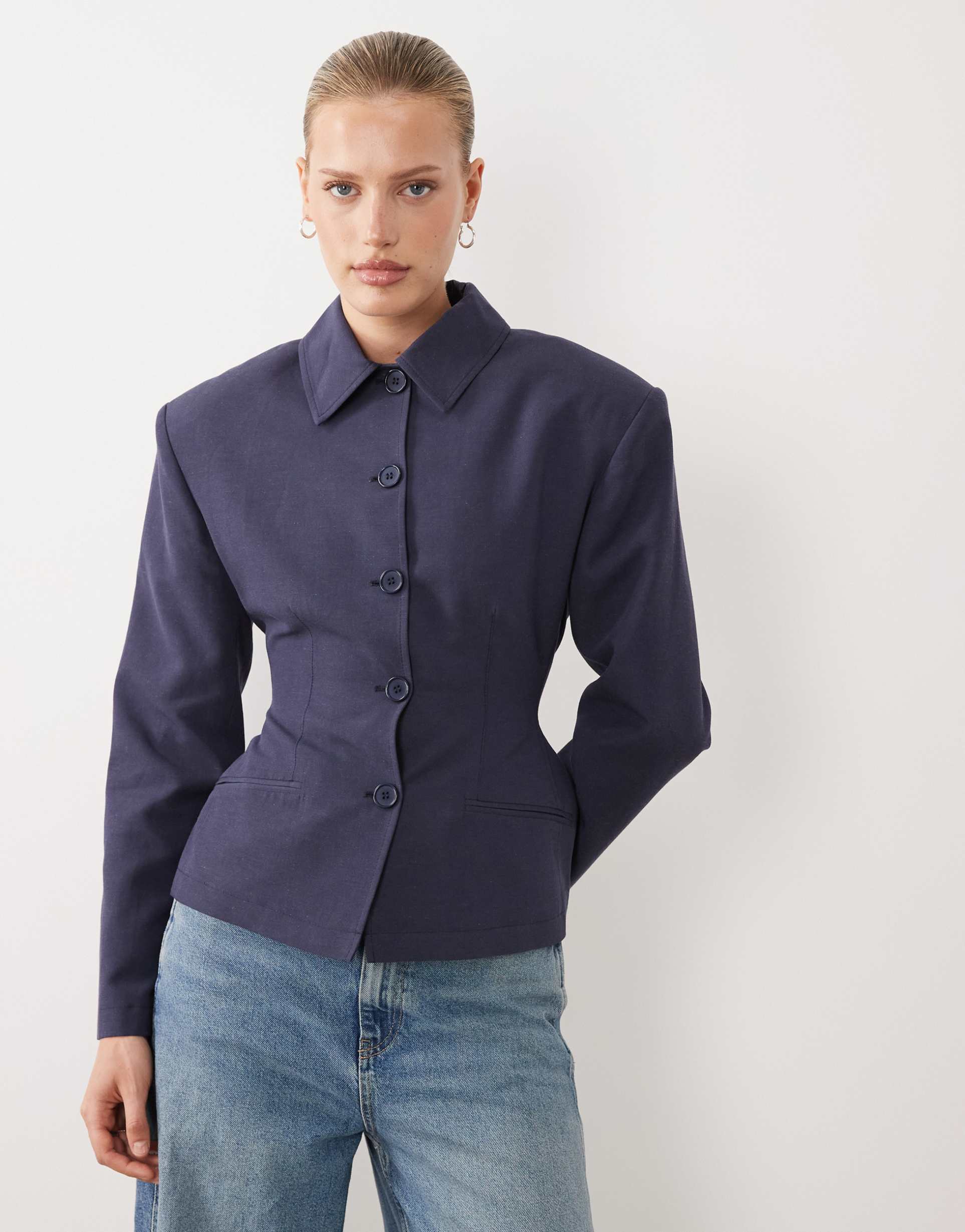 asos design button up linen look cinched blazer in graphite