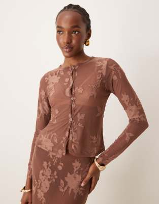 Asos Design Button Up Long Sleeve Cardigan In Brown Burnout-multi