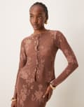 [ASOS DESIGN] ASOS DESIGN button up long sleeve cardigan in brown devore (part of a set)-Multi M brown devore